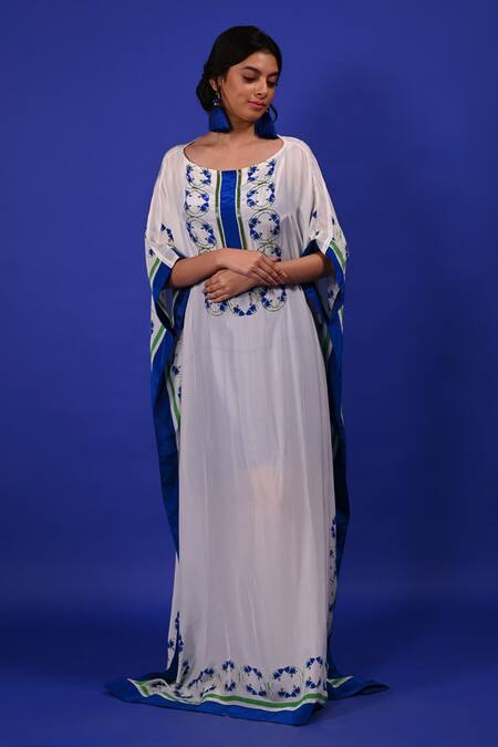 Buy Rimi Nayak White Modal, Crepe Embroidery Round Neck Floral Print Kaftan Online at Aza Fashions Buy_Rimi Nayak_White Modal, Crepe Embroidery Round Neck Floral Print Kaftan _Online_at_Aza_Fashions