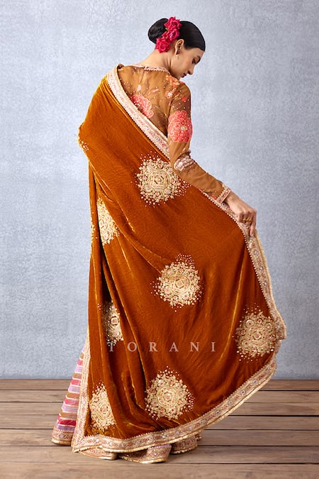 Buy_Torani_Yellow Velvet, Crepe And Butterfly Net Digital Aftaabi Darshini Blouse _Online_at_Aza_Fashions