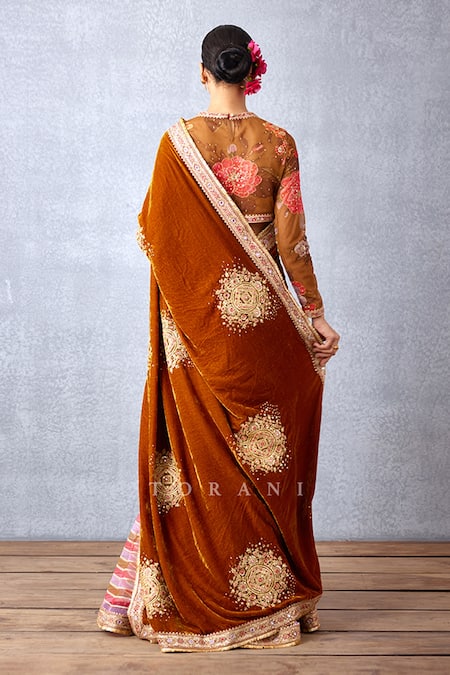 Shop_Torani_Yellow Velvet, Crepe And Butterfly Net Digital Aftaabi Darshini Blouse _Online_at_Aza_Fashions