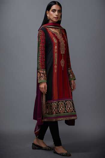RI.Ritu Kumar_Maroon Silk Chinon Round Embroidered Kurta Set_Online_at_Aza_Fashions