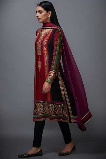 Buy_RI.Ritu Kumar_Maroon Silk Chinon Round Embroidered Kurta Set_Online_at_Aza_Fashions