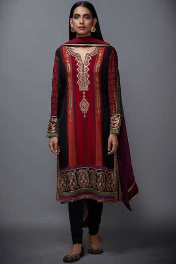 Shop_RI.Ritu Kumar_Maroon Silk Chinon Round Embroidered Kurta Set_Online_at_Aza_Fashions