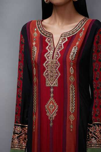 RI.Ritu Kumar_Maroon Silk Chinon Round Embroidered Kurta Set_at_Aza_Fashions