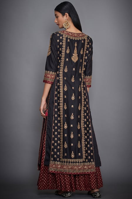 Shop_RI.Ritu Kumar_Black Silk Chanderi Round Kurta Gharara Set _at_Aza_Fashions