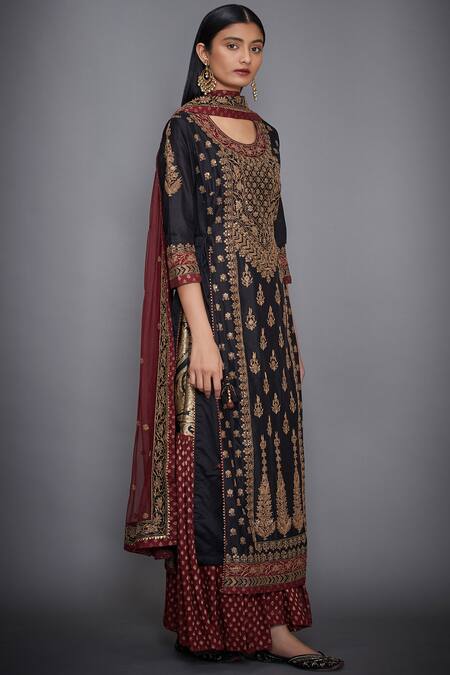 RI.Ritu Kumar_Black Silk Chanderi Round Kurta Gharara Set _Online_at_Aza_Fashions