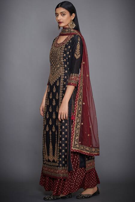 Buy_RI.Ritu Kumar_Black Silk Chanderi Round Kurta Gharara Set _Online_at_Aza_Fashions