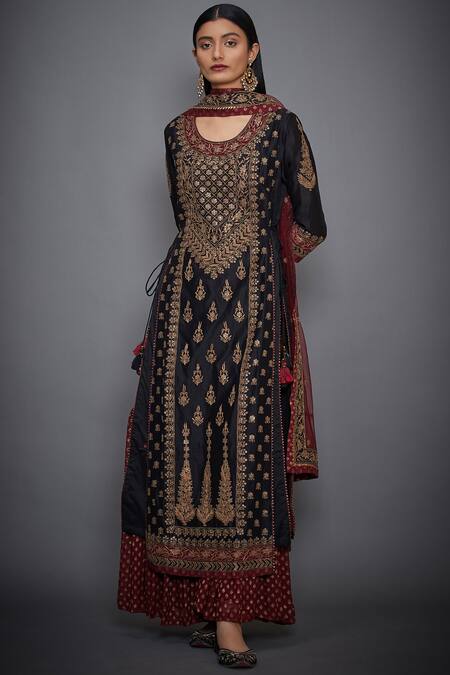 Shop_RI.Ritu Kumar_Black Silk Chanderi Round Kurta Gharara Set _Online_at_Aza_Fashions