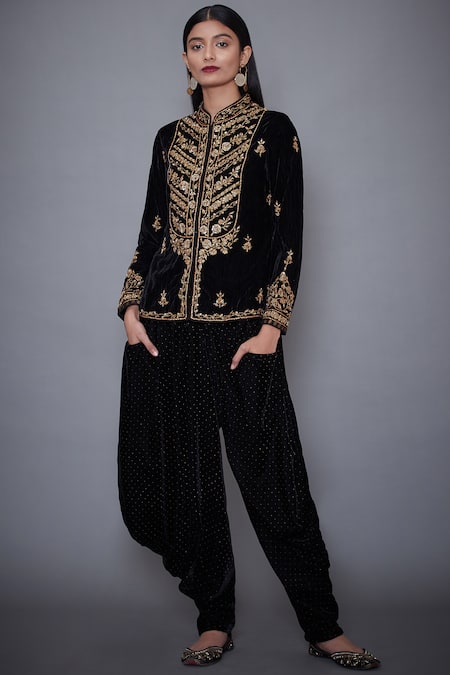 RI.Ritu Kumar Black Crushed Velvet Mandarin Collar Hand Embroidered Top 