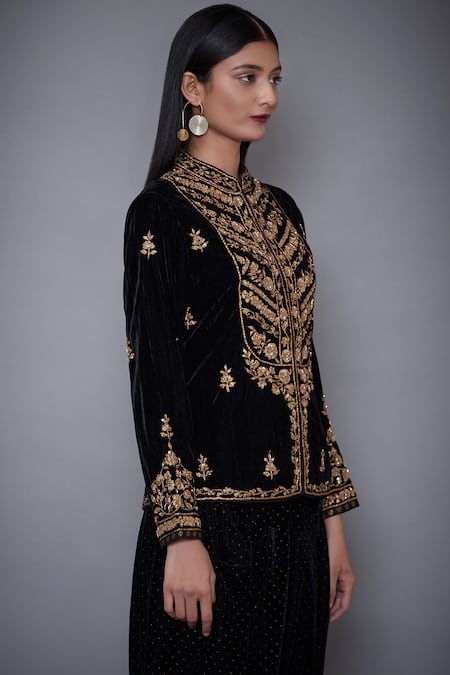 RI.Ritu Kumar Black Crushed Velvet Mandarin Collar Hand Embroidered Top Online at Aza Fashions RI.Ritu Kumar_Black Crushed Velvet Mandarin Collar Hand Embroidered Top _Online_at_Aza_Fashions