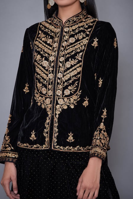 Shop RI.Ritu Kumar Black Crushed Velvet Mandarin Collar Hand Embroidered Top Online at Aza Fashions Shop_RI.Ritu Kumar_Black Crushed Velvet Mandarin Collar Hand Embroidered Top _Online_at_Aza_Fashions