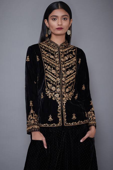 RI.Ritu Kumar Black Crushed Velvet Mandarin Collar Hand Embroidered Top at Aza Fashions RI.Ritu Kumar_Black Crushed Velvet Mandarin Collar Hand Embroidered Top _at_Aza_Fashions