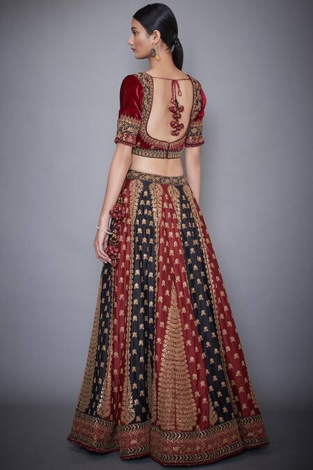 Shop_RI.Ritu Kumar_Black Silk Chanderi Round Neck Bridal Lehenga Set_at_Aza_Fashions