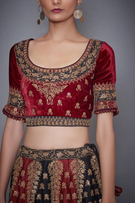 RI.Ritu Kumar_Black Silk Chanderi Round Neck Bridal Lehenga Set_at_Aza_Fashions