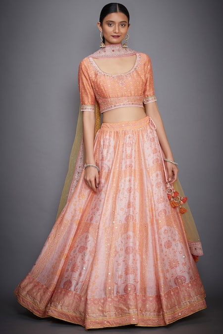 RI.Ritu Kumar Pink Silk Chanderi Round Neck Bridal Lehenga Set 