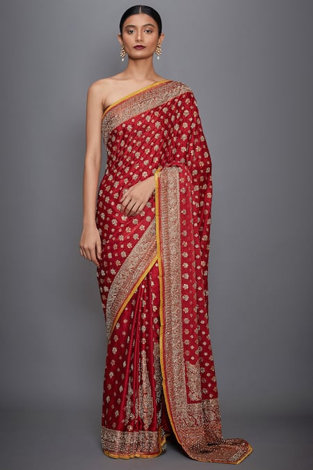 RI.Ritu Kumar Red Silk Satin Embroidered Saree 