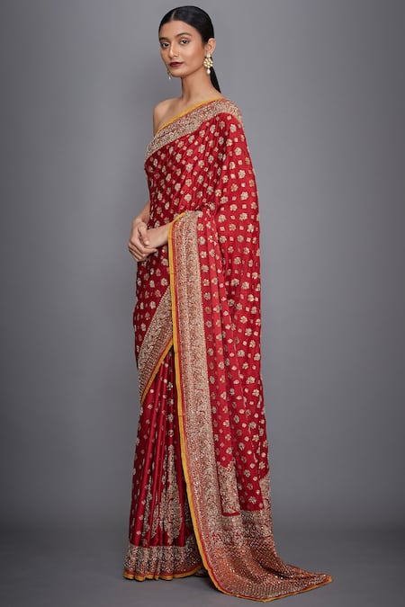 Shop_RI.Ritu Kumar_Red Silk Satin Embroidered Saree _at_Aza_Fashions