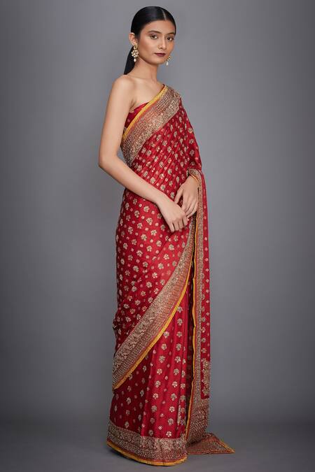RI.Ritu Kumar_Red Silk Satin Embroidered Saree _Online_at_Aza_Fashions
