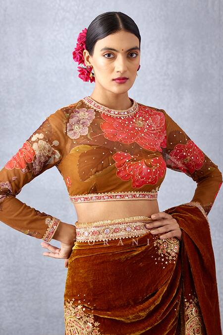 Torani_Yellow Velvet, Crepe And Butterfly Net Digital Aftaabi Darshini Blouse _at_Aza_Fashions