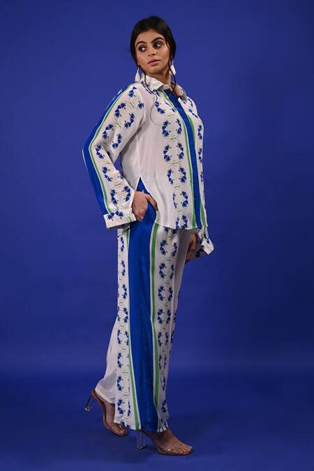 Rimi Nayak_White Modal, Cotton Floral Print Trouser _Online_at_Aza_Fashions