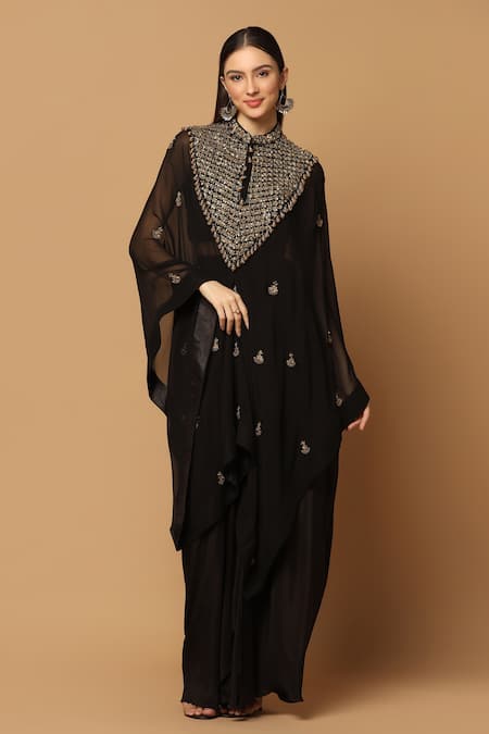 Two Sisters By Gyans_Black Georgette, Crepe Beads Dabka Embroidered Kaftan Cape With Draped Skirt Set _Online_at_Aza_Fashions