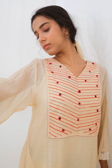Shop_Dhaari_Beige Cotton Silk Kantha V Neck Handwoven Embriodered Kurta  _Online_at_Aza_Fashions
