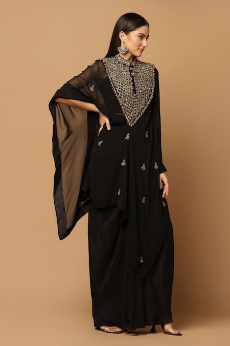 Buy_Two Sisters By Gyans_Black Georgette, Crepe Beads Dabka Embroidered Kaftan Cape With Draped Skirt Set _Online_at_Aza_Fashions