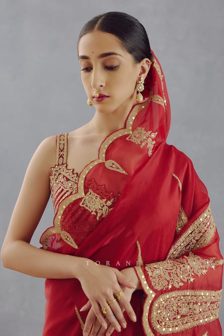 Shop_Torani_Red Silk Organza Dori, Adda Sindoori Geetika Saree _Online_at_Aza_Fashions