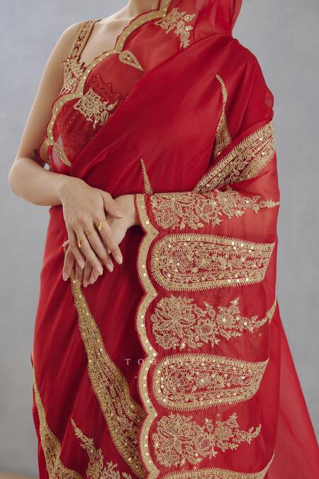 Torani_Red Silk Organza Dori, Adda Sindoori Geetika Saree _at_Aza_Fashions