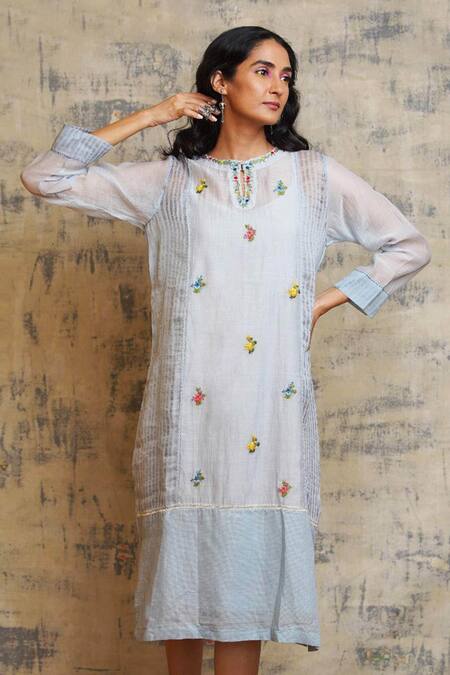 Dhaari Blue Cotton Silk Round Embroidered Dress Online at Aza Fashions Dhaari_Blue Cotton Silk Round Embroidered Dress _Online_at_Aza_Fashions
