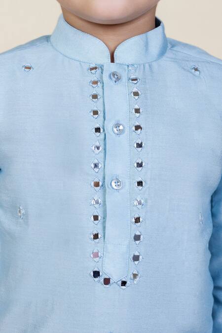 Shop_Little Boys Closet_Blue Cotton, Satin Mirrors Embellished Kurta Set _at_Aza_Fashions