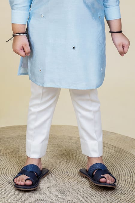 Little Boys Closet_Blue Cotton, Satin Mirrors Embellished Kurta Set _Online_at_Aza_Fashions