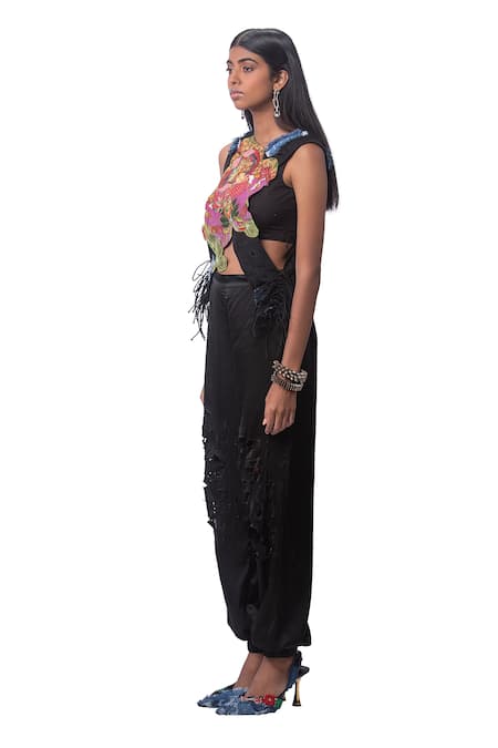 Buy_AK-OK_Black 100 % Pure Silk And Lycra Floral Print V Neck Patch Top & Joggers Set_Online_at_Aza_Fashions