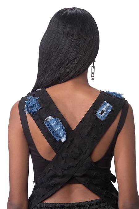 Shop_AK-OK_Black 100 % Pure Silk And Lycra Floral Print V Neck Patch Top & Joggers Set_Online_at_Aza_Fashions