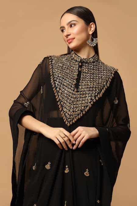 Shop_Two Sisters By Gyans_Black Georgette, Crepe Beads Dabka Embroidered Kaftan Cape With Draped Skirt Set _Online_at_Aza_Fashions