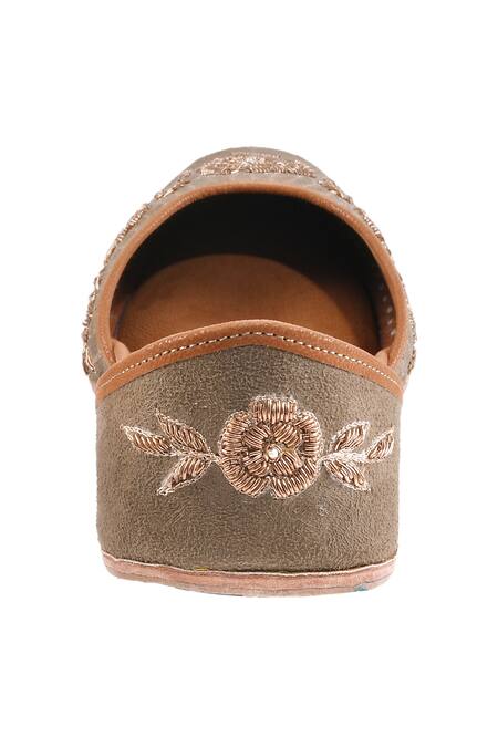 Shop_Imlee Jaipur_Green Embroidered Olive Suede Zardosi Juttis _Online_at_Aza_Fashions