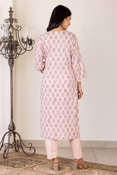 Inara Jaipur Peach Kurta Cotton Hand Block Printed Floral Round Notched Set   2