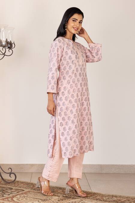 Inara Jaipur Peach Kurta Cotton Hand Block Printed Floral Round Notched Set   3