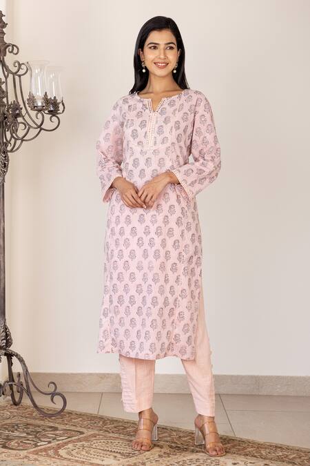 Inara Jaipur Peach Kurta Cotton Hand Block Printed Floral Round Notched Set   4