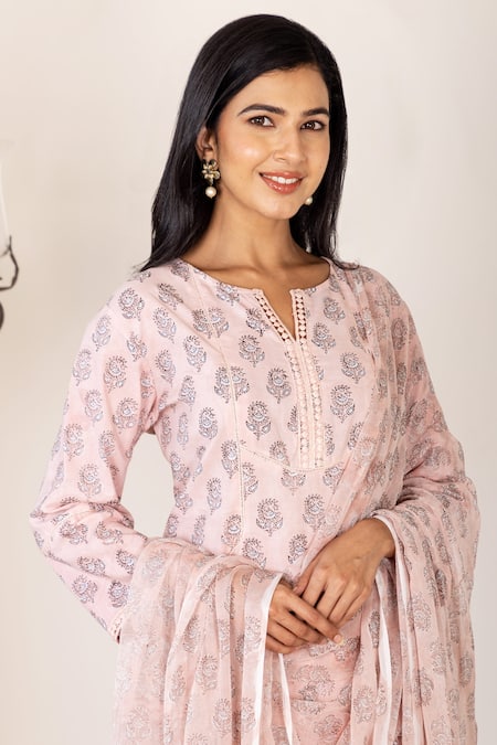 Inara Jaipur Peach Kurta Cotton Hand Block Printed Floral Round Notched Set   5