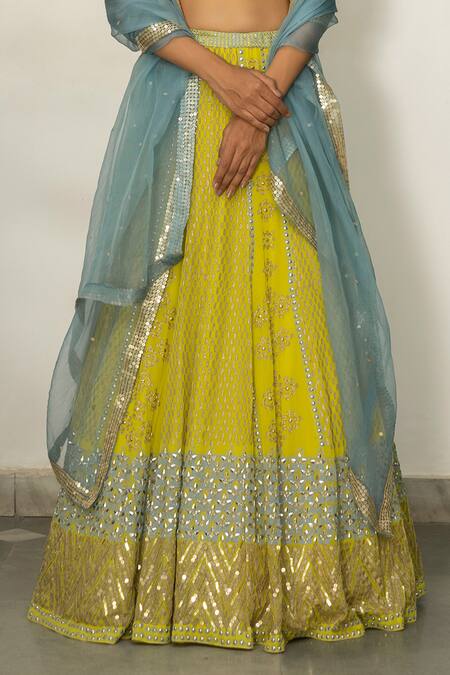 Shop_Surbhi Gupta_Green Organza, Georgette, Cotton Silk V Neck Printed Lehenga Set _Online_at_Aza_Fashions