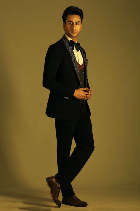Soniya G_Black Italian Crepe Embroidered Tuxedo And Pant Set_Online_at_Aza_Fashions