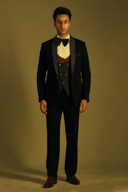 Buy_Soniya G_Black Italian Crepe Embroidered Tuxedo And Pant Set_Online_at_Aza_Fashions