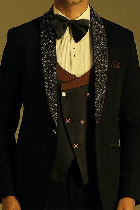 Shop_Soniya G_Black Italian Crepe Embroidered Tuxedo And Pant Set_Online_at_Aza_Fashions