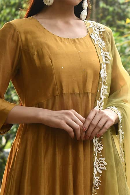 Rekha Agra_Yellow Organza, Handloom Chanderi Round Anarkali Set _Online_at_Aza_Fashions