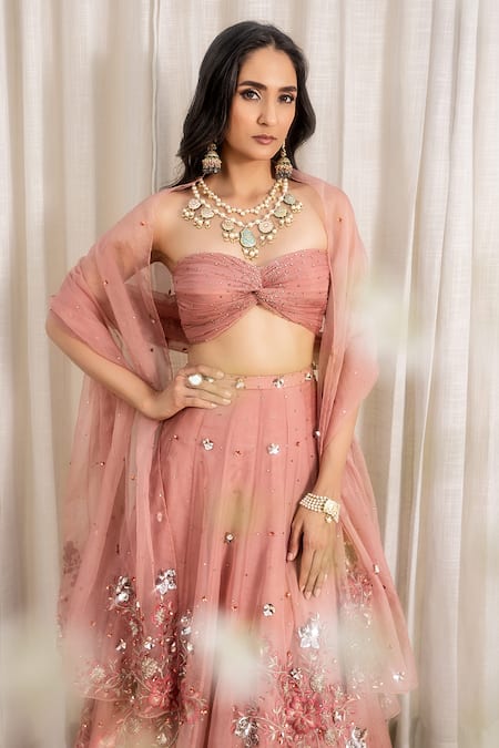 Buy_Silky Bindra_Pink Organza, Shantoon Sweetheart Neck Embellished Lehenga Set _Online_at_Aza_Fashions