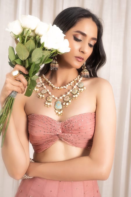 Shop_Silky Bindra_Pink Organza, Shantoon Sweetheart Neck Embellished Lehenga Set _Online_at_Aza_Fashions