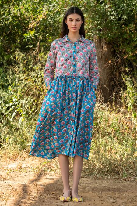 Rang Swati Vijaivargie_Blue Cotton Satin Shirt Collar Floral Print Dress _Online_at_Aza_Fashions