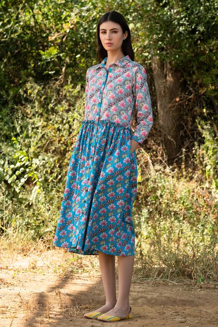Buy_Rang Swati Vijaivargie_Blue Cotton Satin Shirt Collar Floral Print Dress _Online_at_Aza_Fashions
