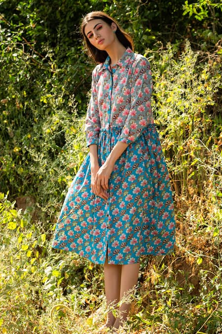 Shop_Rang Swati Vijaivargie_Blue Cotton Satin Shirt Collar Floral Print Dress _Online_at_Aza_Fashions