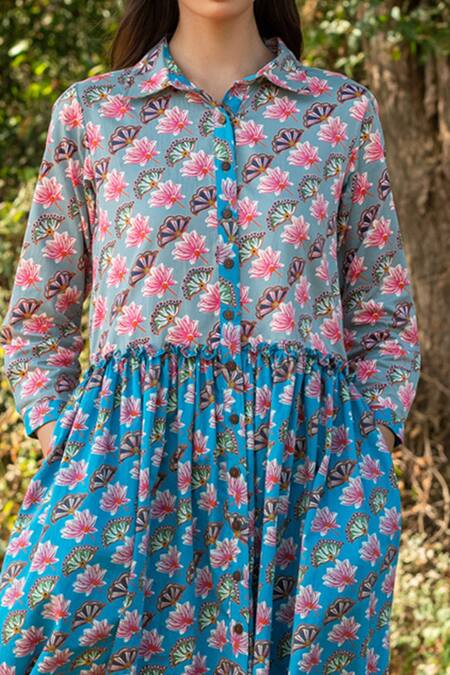 Rang Swati Vijaivargie_Blue Cotton Satin Shirt Collar Floral Print Dress _at_Aza_Fashions
